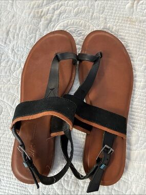 Toms Black Suede and Brown Leather Strap Sandals